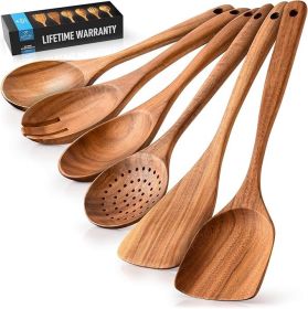 Zulay Kitchen 6-Piece Wooden Cooking Spoons Set – Heat-Resistant, Smooth Teak Utensils with Comfort Grip – Lightweight & Durable – Easy to Clean