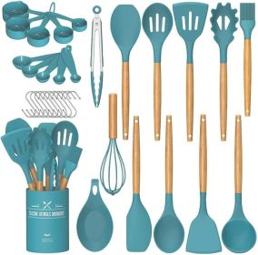 Chef Kitchen Cooking Utensils Set, 33 pcs Non-stick Silicone Utensils Spatula Set with Holder, Silicone Kitchen Gadgets Utensil Set(Dark Blue)