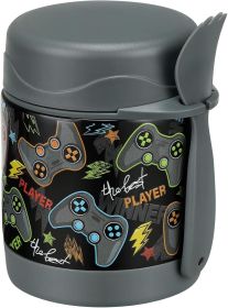 10oz Food Jar,Thermo Hot Food Lunch Container, Width Mouth Stainless Steel Lunch Box for Kids with Spoon (Black-Gamepad)