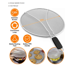 Grease Splatter Screen 13in Stainless Steel Fine Mesh Splash Mesh Shield Hot Oil Stopper (Color: Silver)