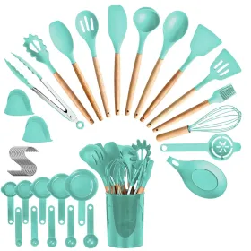 35Pcs Kitchen Cooking Utensils Set Spatula Set Baking Utensil Set Kitchen Accessories Necessities With Holder Egg Whisk Separator Tong Turner Spo (Color: Green)