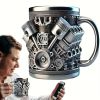 V6/V8 Engine Design Mug - Heavy-Duty Metal Construction, Double-Wall Insulated Cup with Non-Slip Grip - Vintage Automotive Beer Cup