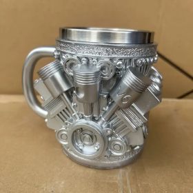 V6/V8 Engine Design Mug - Heavy-Duty Metal Construction, Double-Wall Insulated Cup with Non-Slip Grip - Vintage Automotive Beer Cup (Color: V6)